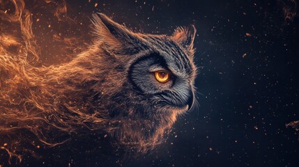 Aufkleber - A stylized owl with glowing orange eyes emerges from a smoky, ethereal background, creating a mystical and enchanting atmosphere.