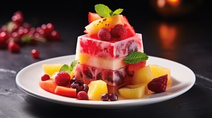 Sticker - Colorful layered frozen dessert with assorted fruits and mint garnish on a white plate, beautifully arranged for a festive presentation