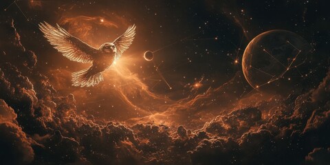 Poster - A majestic owl soars through a cosmic landscape, surrounded by vibrant colors and celestial bodies, evoking a sense of wonder and exploration.