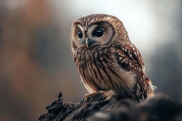 Poster - A small owl perched on a branch, showcasing its distinctive feathers and large, expressive eyes against a muted background.
