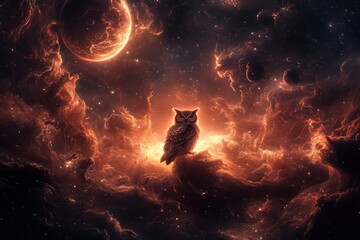 Poster - A mystical owl perches amidst a vibrant cosmic scene of stars and swirling clouds, illuminated by a warm, otherworldly glow.