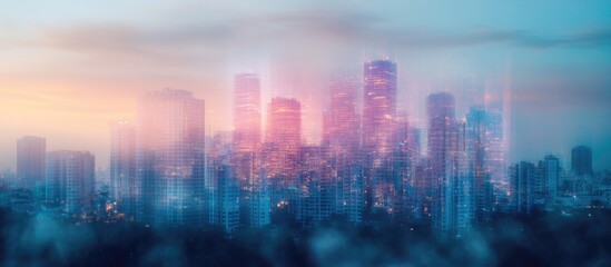 Poster - Abstract digital workspace with laptop and cityscape in double exposure showcasing technology, urbanization, and modern art concepts.