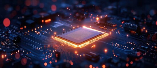 Poster - Close up of a glowing RAM chip on a circuit board showcasing the intricacies of modern computer hardware technology against a dark backdrop