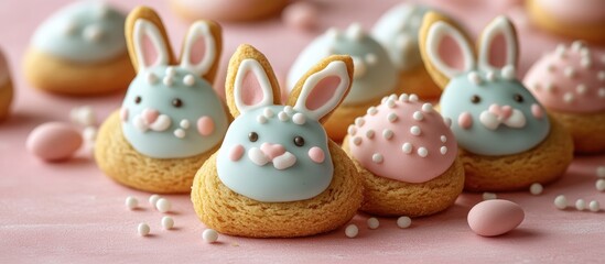 Canvas Print - Easter gingerbread cookies shaped like cute rabbits and eggs arranged on a pink background in a vertical format for festive celebrations