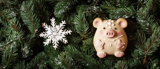 Canvas Print - Gingerbread pig and snowflake on fir branches flat lay festive holiday treats celebrating the joyful spirit of the season