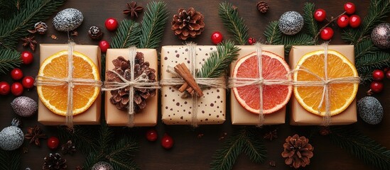 Canvas Print - Handmade gift boxes with natural decorations on a wooden surface in festive setting viewed from above during holiday season