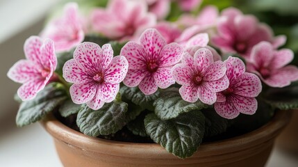 Canvas Print - Close-up of vibrant flowers with pink spots in a brown pot against a white background showcasing natural beauty and indoor gardening.