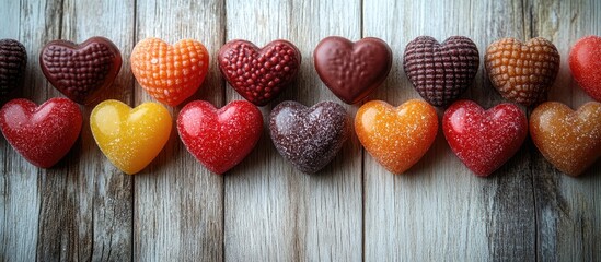 Sticker - Colorful heart-shaped candies arranged on a rustic white wooden table with selective focus and space for text in a festive setting