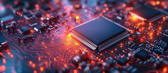 Poster - Macro close up of computer circuit board highlighting RAM memory pins showcasing advanced hardware technology and intricate circuit design details