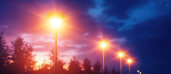 Poster - Illuminated street lamps glowing against a vibrant blue and purple twilight sky showcasing urban lighting technology and energy efficiency