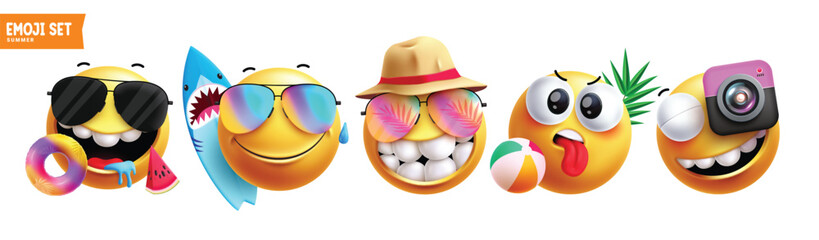 Poster - Summer emoji clipart characters set. Emojis character wearing sunglasses, hat, beach elements with facial expressions for holiday season. Vector illustration summer emoticons clip art collection.
