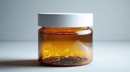 Poster - Transparent brown glass jar with a white lid illuminated against a soft light background ideal for product packaging or cosmetic presentation