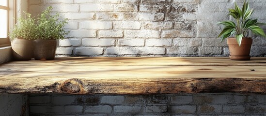 Poster - Wooden calendar and plants on a rustic wooden table with white brick wall background ideal for advertising and promotional use