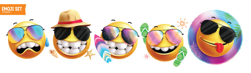 Poster - Emoji summer clipart characters set. Emojis character wearing sunglasses with beach elements and facial expressions for tropical season. Vector illustration summer vacation emoticons clip art 