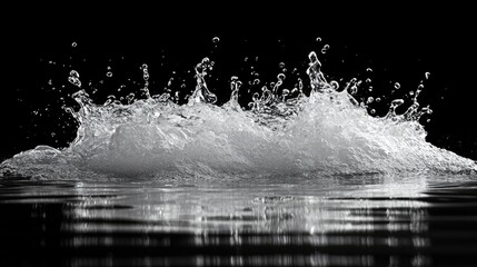 Poster - Dynamic water splash against black background capturing intricate droplet details and fluid motion for creative projects or advertisements.
