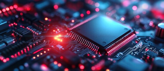 Poster - Digital circuit board close-up showcasing advanced data processing and global connectivity in a technology-driven environment