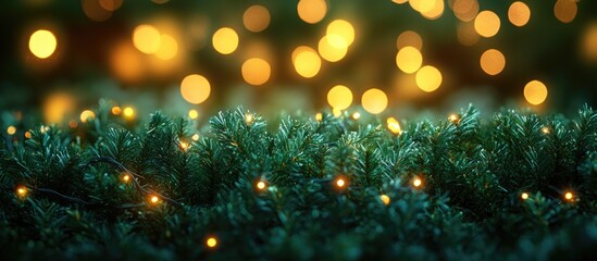Poster - close up of green christmas lights illuminating foliage with a blurred bokeh background creating a f