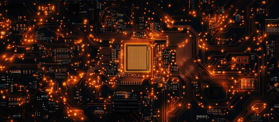 Poster - Integrated circuit motherboard design showcasing electronic components and circuitry with glowing elements in a futuristic tech environment