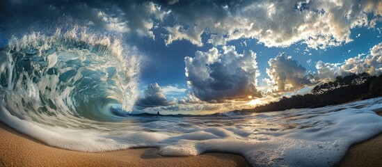 Poster - Majestic sunset over ocean waves with dramatic clouds reflecting vibrant colors in serene beach landscape.