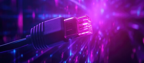 Poster - Ethernet cable macro closeup on vibrant purple background representing connectivity and technology in a modern digital environment