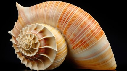 Poster - Elegant isolated tropical seashell showcasing intricate patterns and vibrant colors on a black background for marine decor or nature themes.