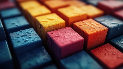 Poster - Vibrant Watercolor Blocks in Close-Up Arrangement Showcasing Textured Surfaces and Bright Colors Illustrating Creativity and Playfulness