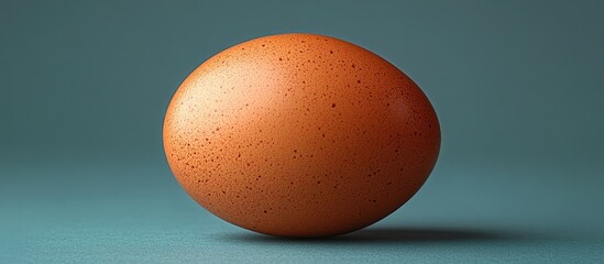 Poster - Single brown egg on a smooth surface with subtle speckles against a softly lit teal background showcasing its natural textures and colors.