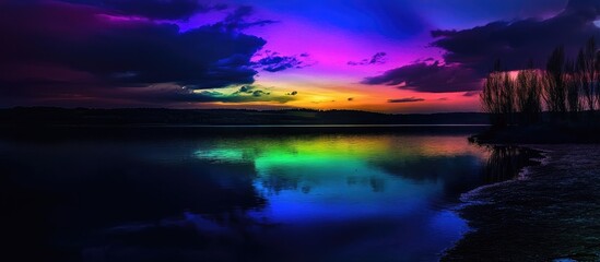 Poster - Colorful sunset reflections over serene water creating a dramatic and vivid atmosphere in a tranquil landscape scene.