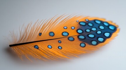 Poster - Vibrant yellow spotted feather with blue diamond accents displayed against a clean white background for creative design concepts.