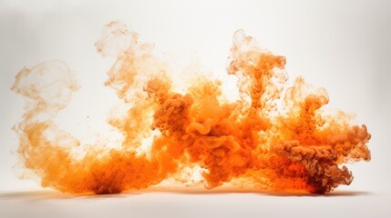 Poster - Dynamic explosion of vibrant orange fire and smoke dispersing against a neutral white background for dramatic visual impact and creativity