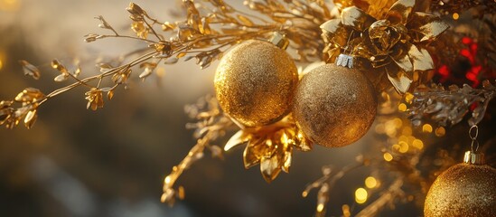 Poster - Golden Christmas ornaments and decorations reflecting festive spirit in warm golden light setting for holiday celebrations