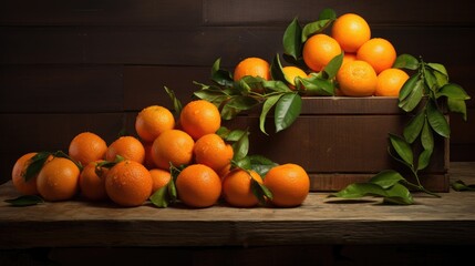 Poster - Clementines arranged artistically on a rustic wooden table with green leaves for a vibrant and fresh fruit composition.