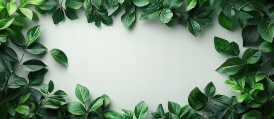 Poster - Elegant white frame with lush green leaves and branches creating a natural border against a soft backdrop ideal for text and branding.