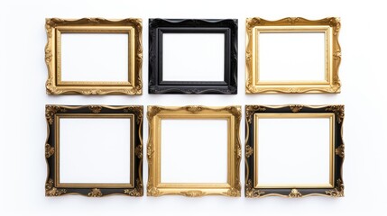 Elegant vintage black and gold ornate wooden picture frames arranged on a white backdrop for showcasing art or photography.