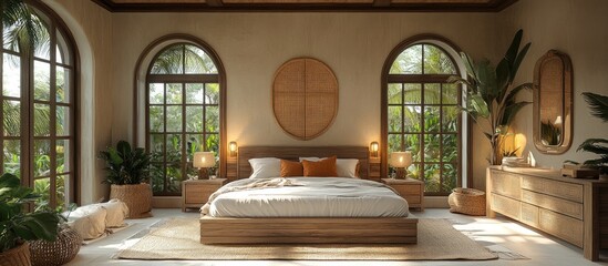 Poster - Cozy cottage bedroom interior design with natural elements and large windows showcasing lush greenery in a serene resort setting