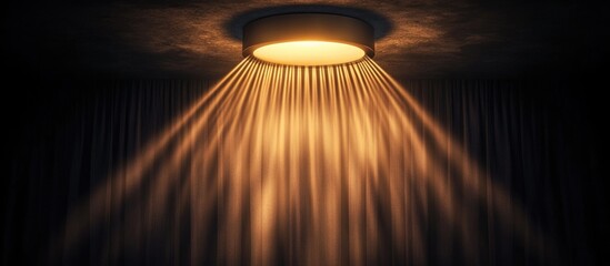 Poster - Minimalist interior lighting fixture with circular light creating a dramatic effect and linear shadows against a textured ceiling design.
