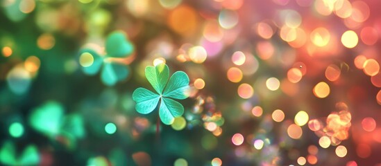 Poster - Colorful bokeh background featuring vibrant clover shapes creating a festive and dreamy atmosphere ideal for seasonal or nature themes.