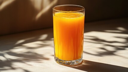 Aufkleber - Refreshing mango juice served in a clear glass with natural light highlighting its vibrant color against a minimalist background