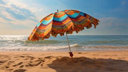 Poster - Colorful striped beach umbrella on sandy shore with gentle waves and sunny sky creating a relaxing vacation atmosphere.