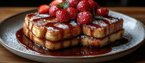 Poster - Delicious French toast topped with fresh strawberries and syrup served in a cozy dining setting