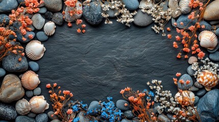 Poster - Artistic flat lay of seashells dried flowers and stones on black background creating a creative mockup for design and decorative purposes