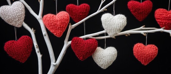 Aufkleber - Knitted hearts decoration on white branches for Valentine's Day celebration against a contrasting black background