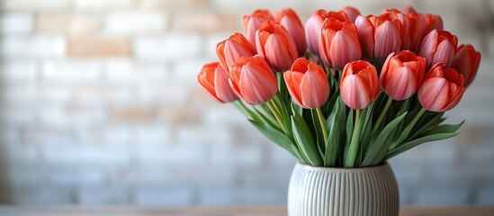 Poster - Vibrant tulips in a textured vase elegantly arranged on a wooden table with a soft white background for a fresh spring ambiance