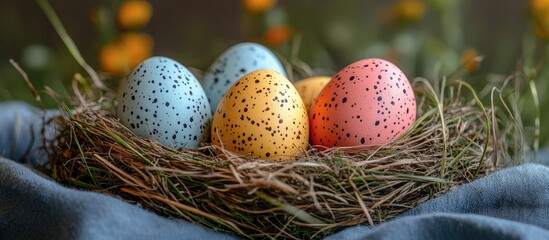 Aufkleber - Natural wooden nest with colorful speckled quail eggs and feathers on fabric for a festive Easter holiday celebration scene.