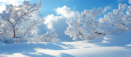 Aufkleber - Snow-covered tree branches glisten under a blue sky with fluffy clouds creating a serene winter landscape infused with tranquility and beauty.