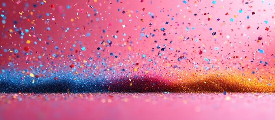 Poster - Colored confetti texture creating a vibrant pattern against a soft pink background for festive designs and celebrations.