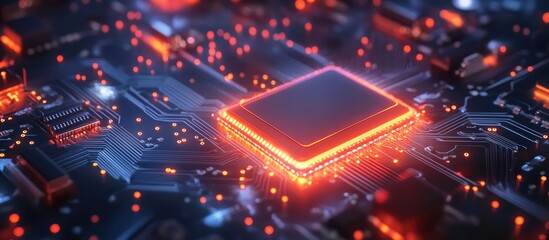 Poster - Electronic circuit board with glowing solder connections showcasing advanced technology and circuit design in a modern electronics environment.