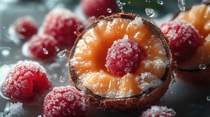 Poster - Fresh coconut and raspberries with droplets of water on a white background showcasing tropical flavors and vibrant textures.