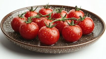 Poster - Fresh red cherry tomatoes with water droplets displayed on a decorative plate against a clean white background highlighting their vibrant color.