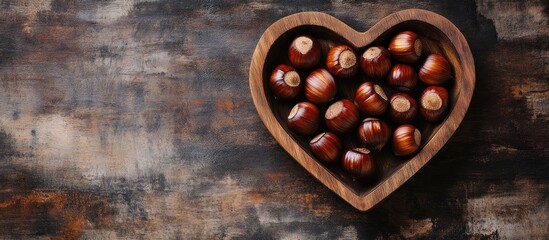 Aufkleber - Chestnuts in heart shaped wooden tray on rustic background with ample space for text decoration and culinary themes